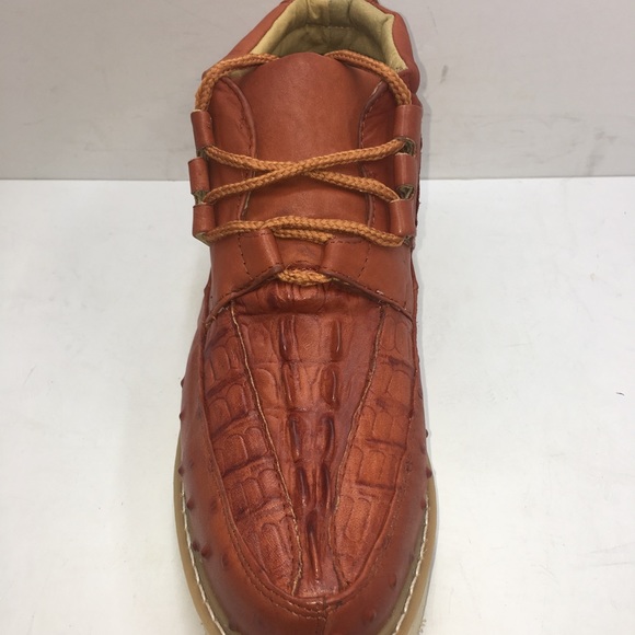 Men’s Crocodile/Ostrich Print Leather Shoes Cognac - Picture 2 of 5